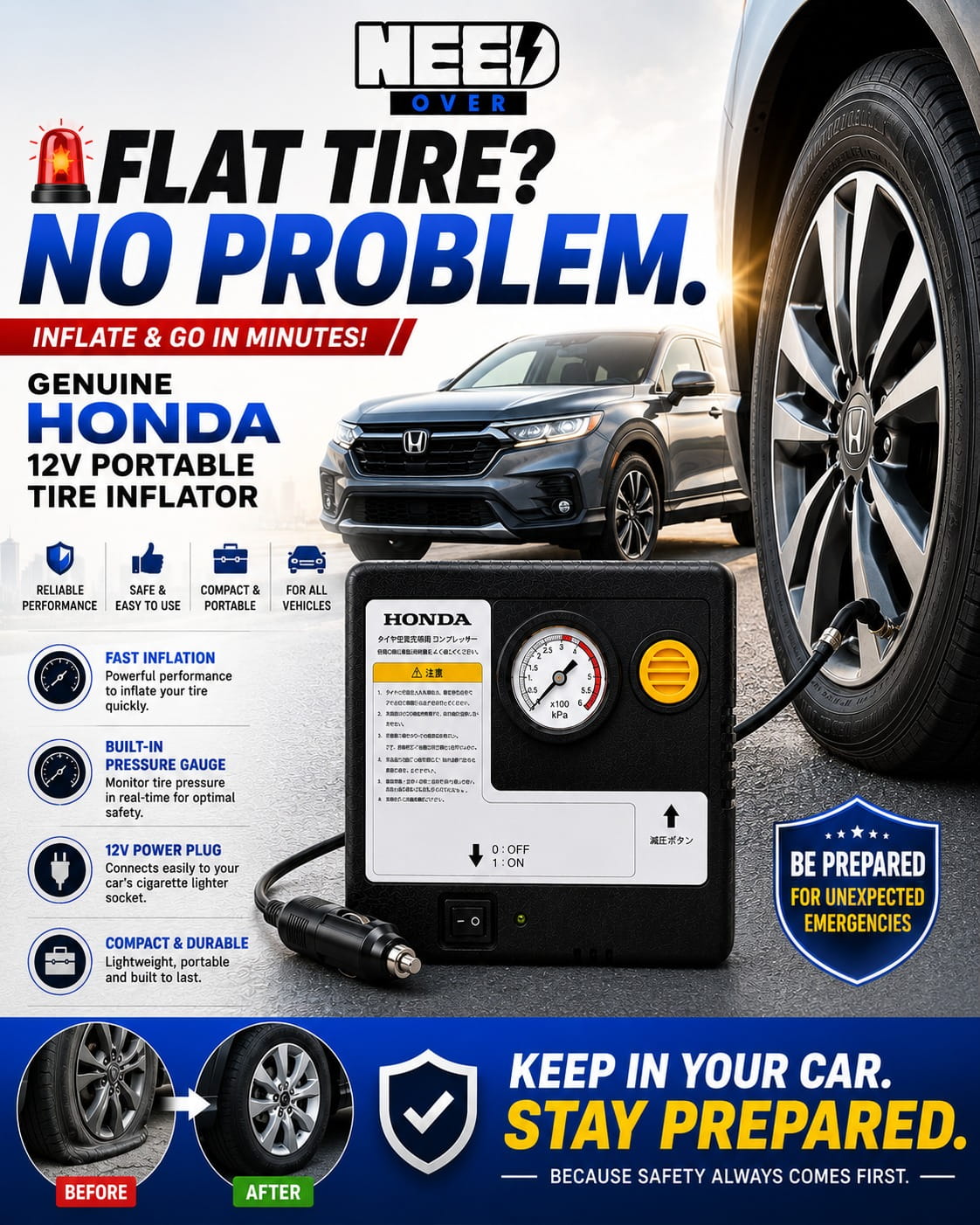 Car tire air pump inflating vehicle tire during roadside emergency