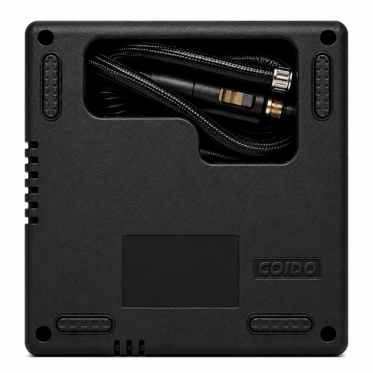 Portable car tire inflator with analog pressure gauge and 12V cigarette lighter connection